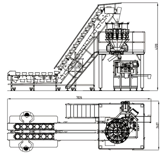 Weighing and packaging system with double conveyor